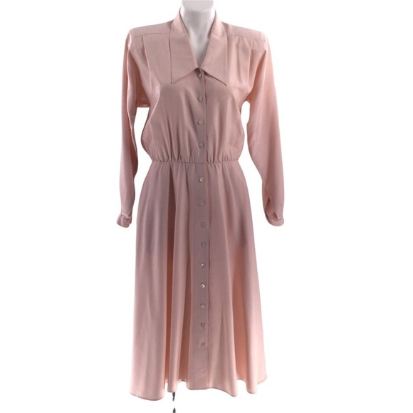 Vintage Liz Claiborne 100% Silk Pink Button Down Long Sleeve Shirt Dress - Picture 1 of 16